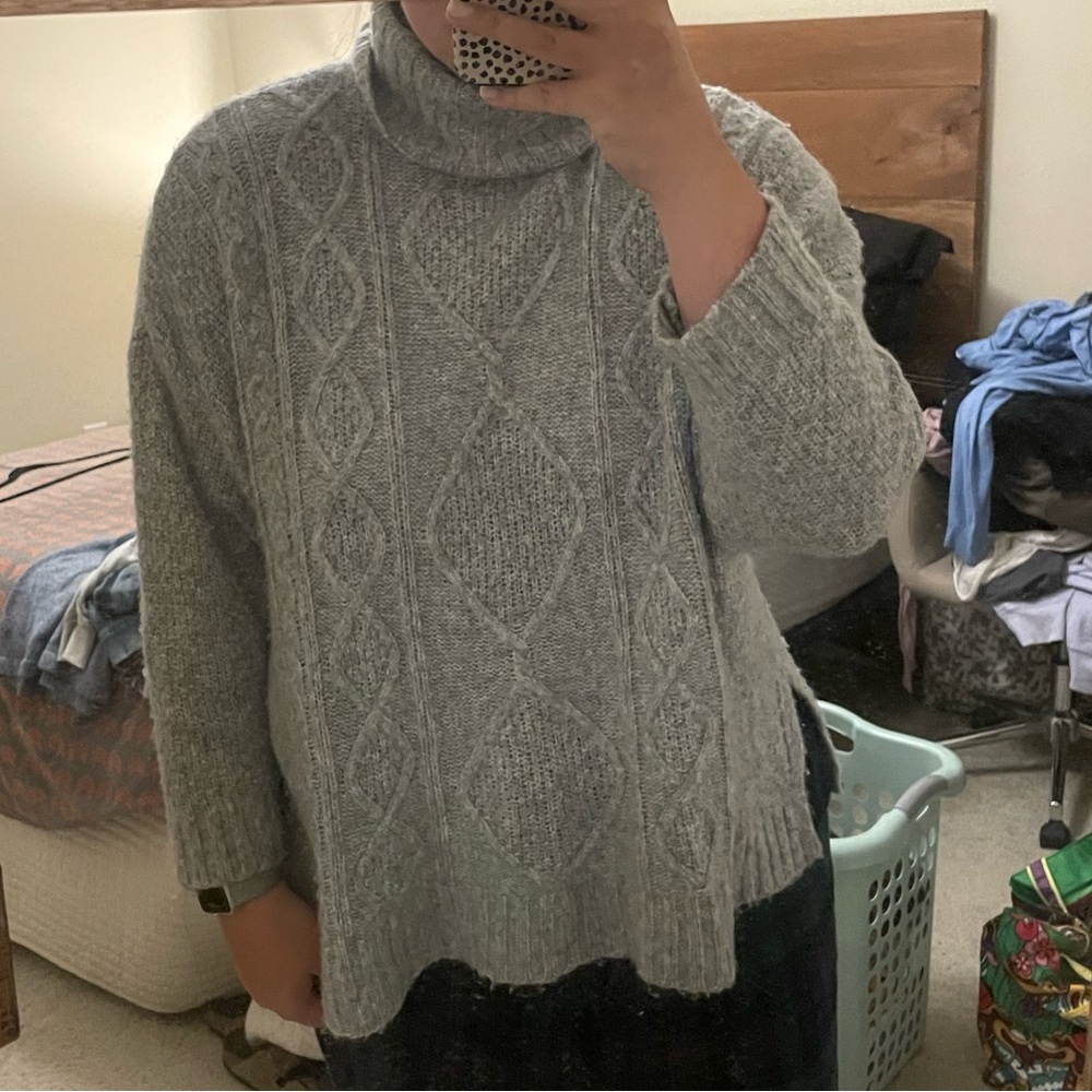 gray aerie cowl necked cable knit sweater